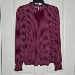 Adrianna Papell Ruffle Collar Button Back Blouse Womens Size M Magenta Print